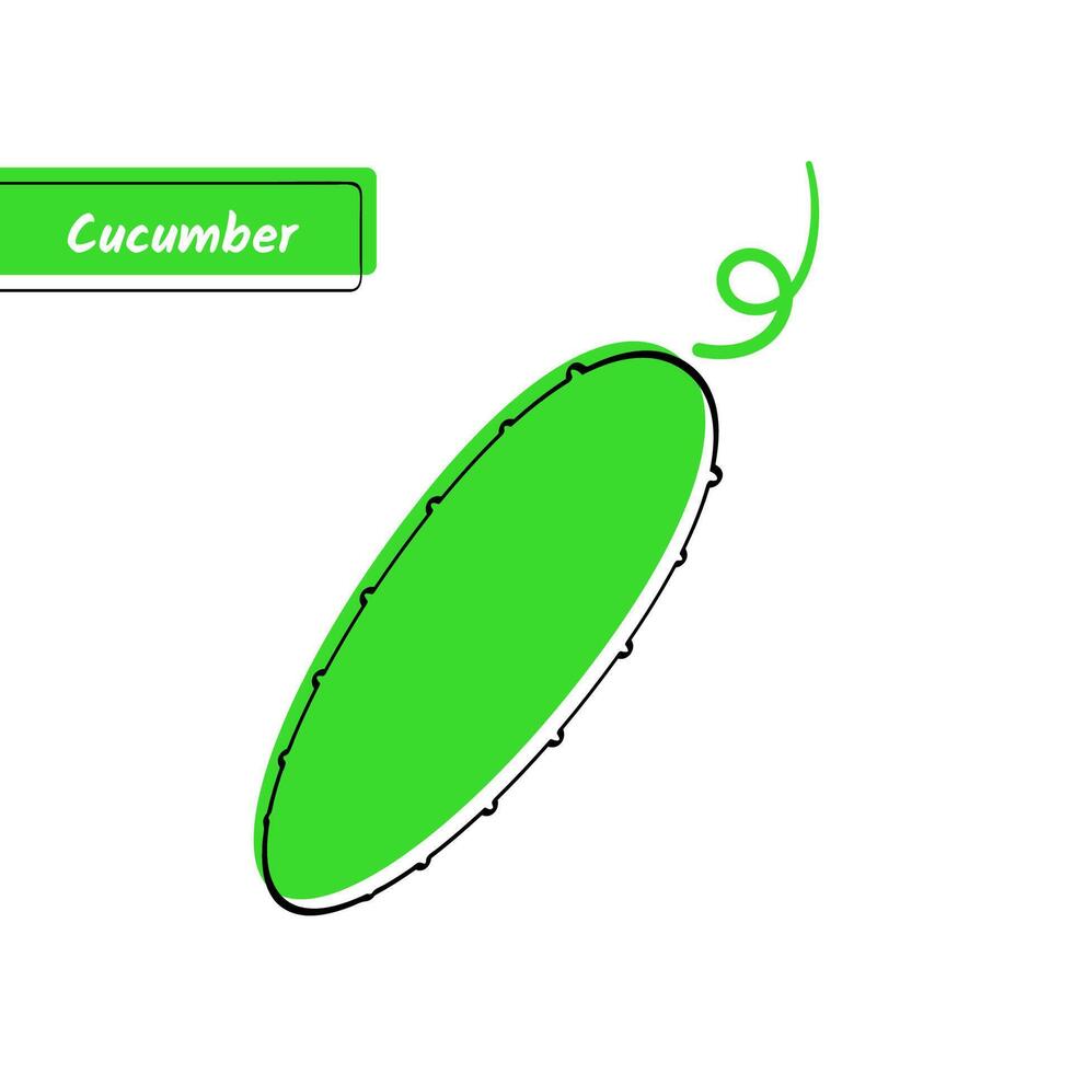 Flat design vegetable education card. illustration with big solid green isolated cucumber or cuke, black outline and label on white background for organic market logo, fresh product or kid game vector