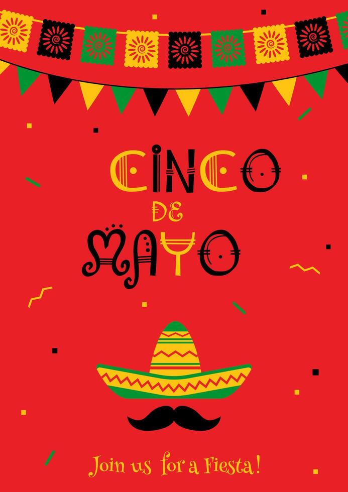 Colorful cinco de mayo party poster template. Festive red illustration with native culture sombrero, mustache and garland flags symbols for traditional Mexican celebration on cinco de mayo. vector
