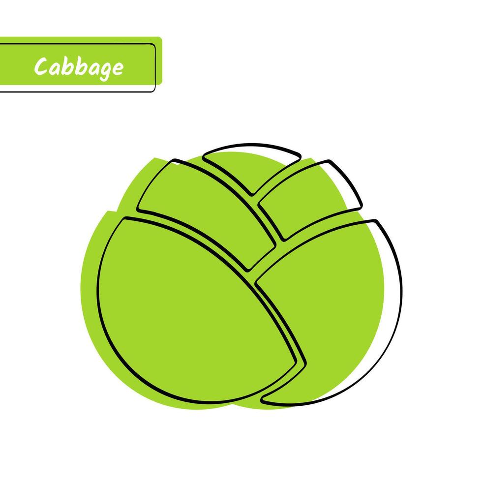 Flat design vegetable education card. illustration with big solid green isolated cabbage, black outline and stylish label on white background for kid game, memory training or eco market sign. vector