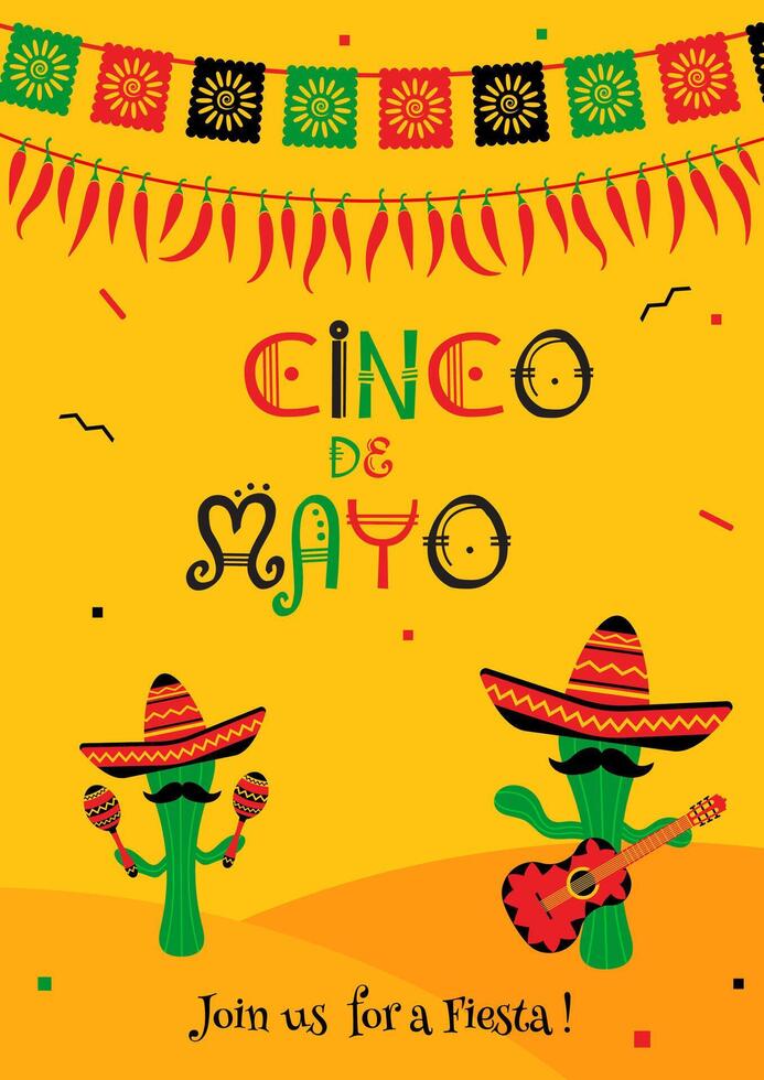Funny cinco de mayo festival invitation poster. Festive yellow design with two cactus mariachi in sombrero with guitar and maracas. illustration for restaurant menu, web banner or promo flyer. vector