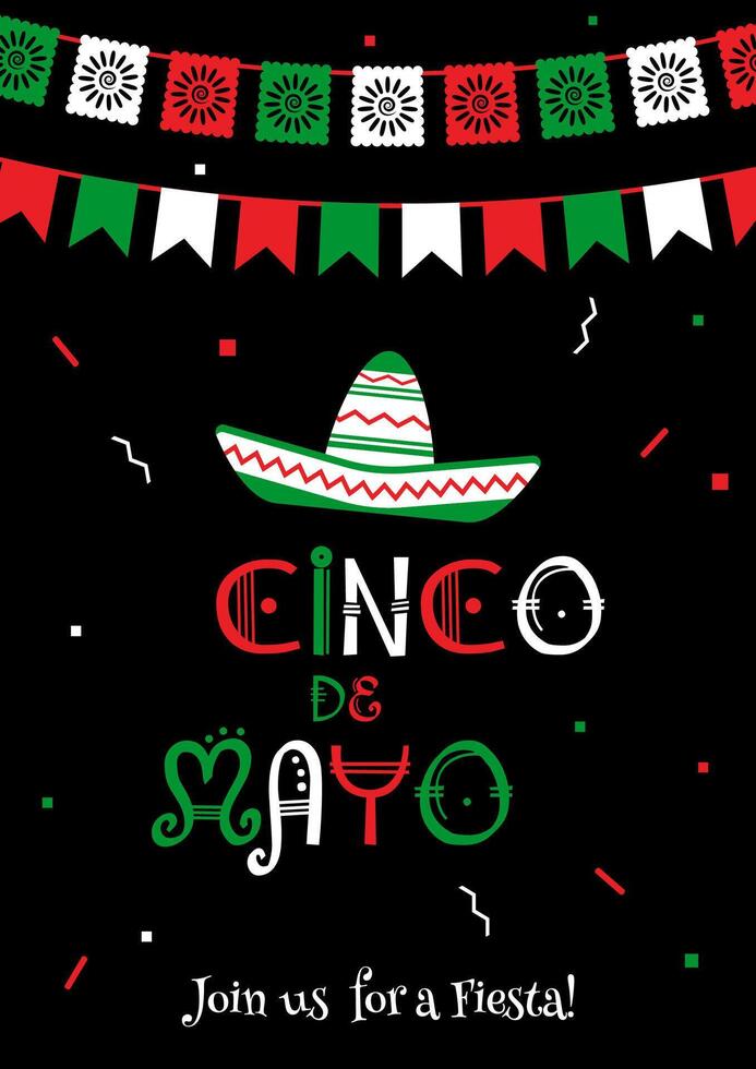 Stylish cinco de mayo fiesta invitation poster template. National colors illustration with native culture sombrero symbol and bunting flags for traditional Mexican celebration on cinco de mayo. vector