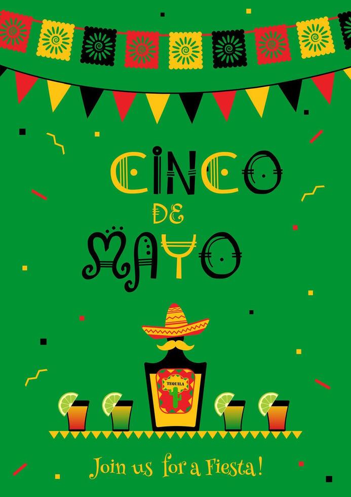 Stylish cinco de mayo fiesta invitation poster template. Festive green design concept with funny tequila bottle and cocktails with lime, bunting flags for national mexican holiday on cinco de mayo vector