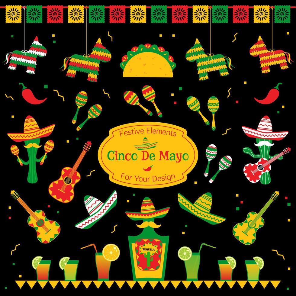 Set of traditional symbols for cinco de mayo fiesta. Sombrero and maracas, tequila bottle and cocktails, taco and pinata also cactus mariachi. Festive illustration for event on cinco de mayo. vector