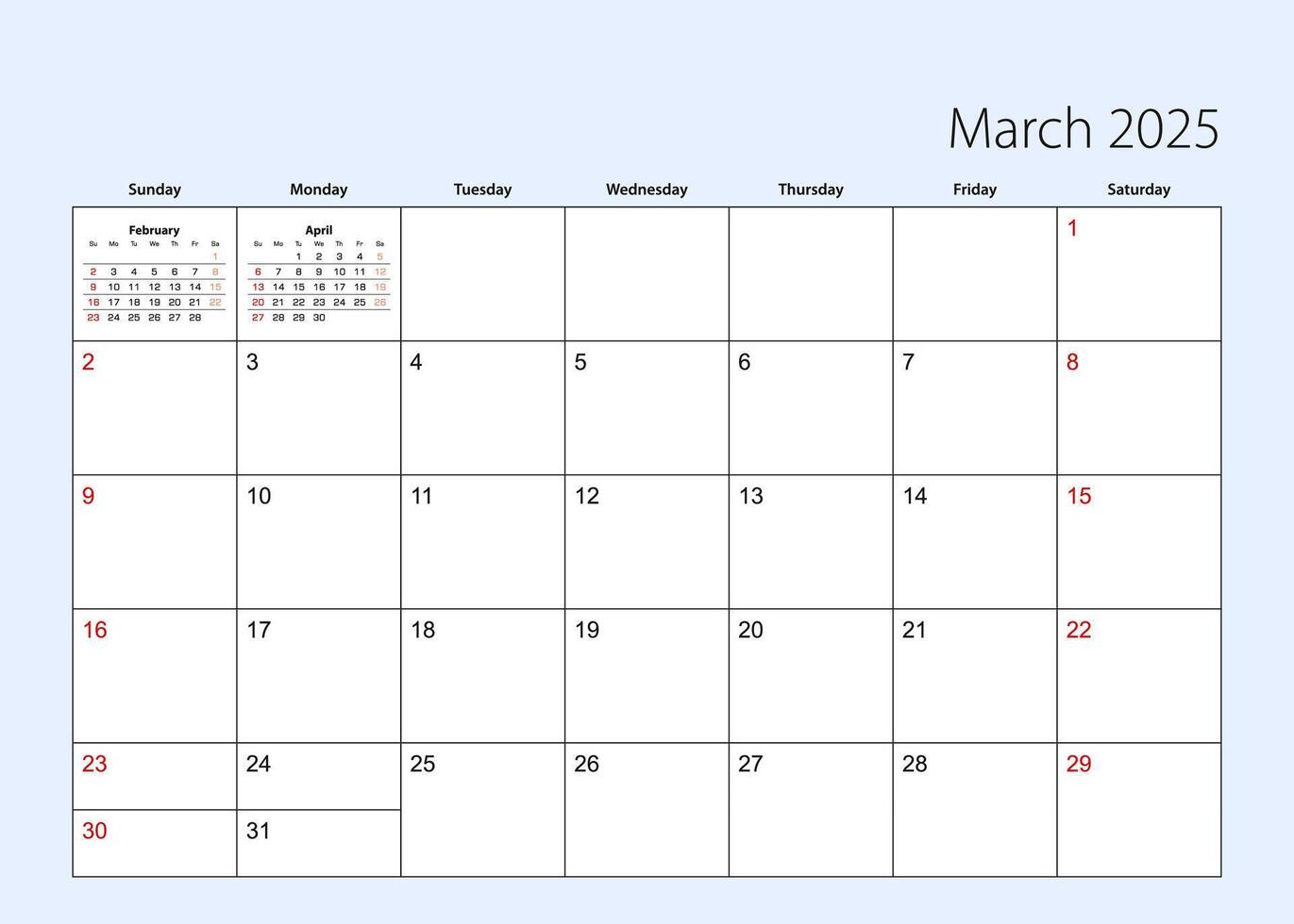 Wall calendar planner for March 2025. English language, week starts from Sunday. vector