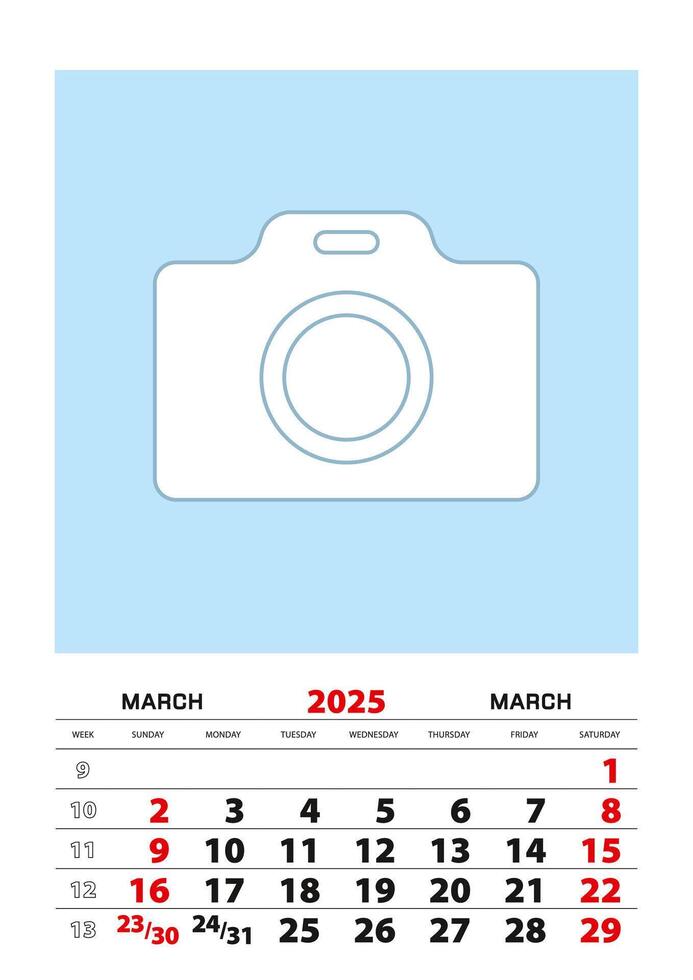 March 2025 calendar planner A3 size with place for your photo. vector