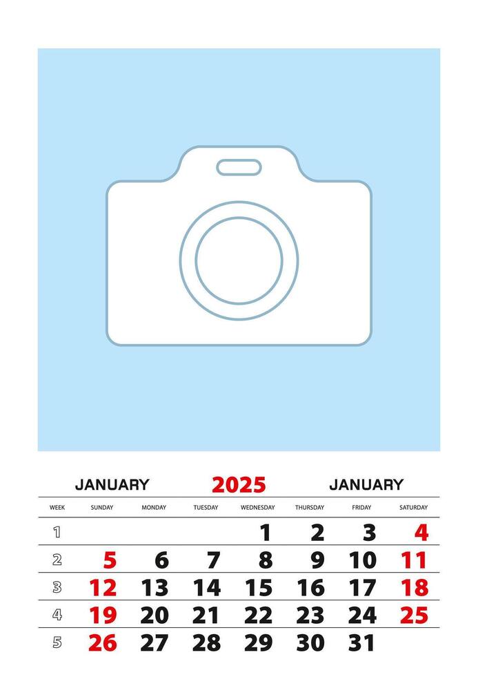 January 2025 calendar planner A3 size with place for your photo. vector