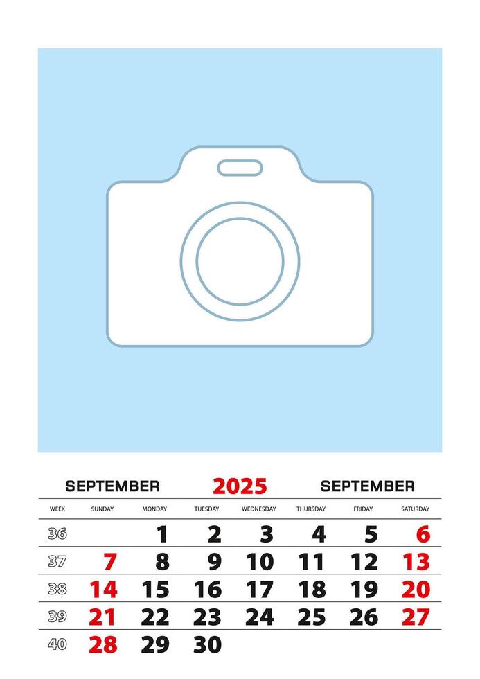 September 2025 calendar planner A3 size with place for your photo. vector
