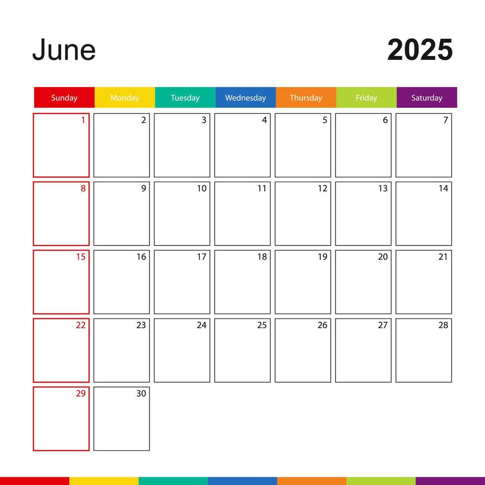 June 2025 colorful wall calendar, week starts on Sunday. vector