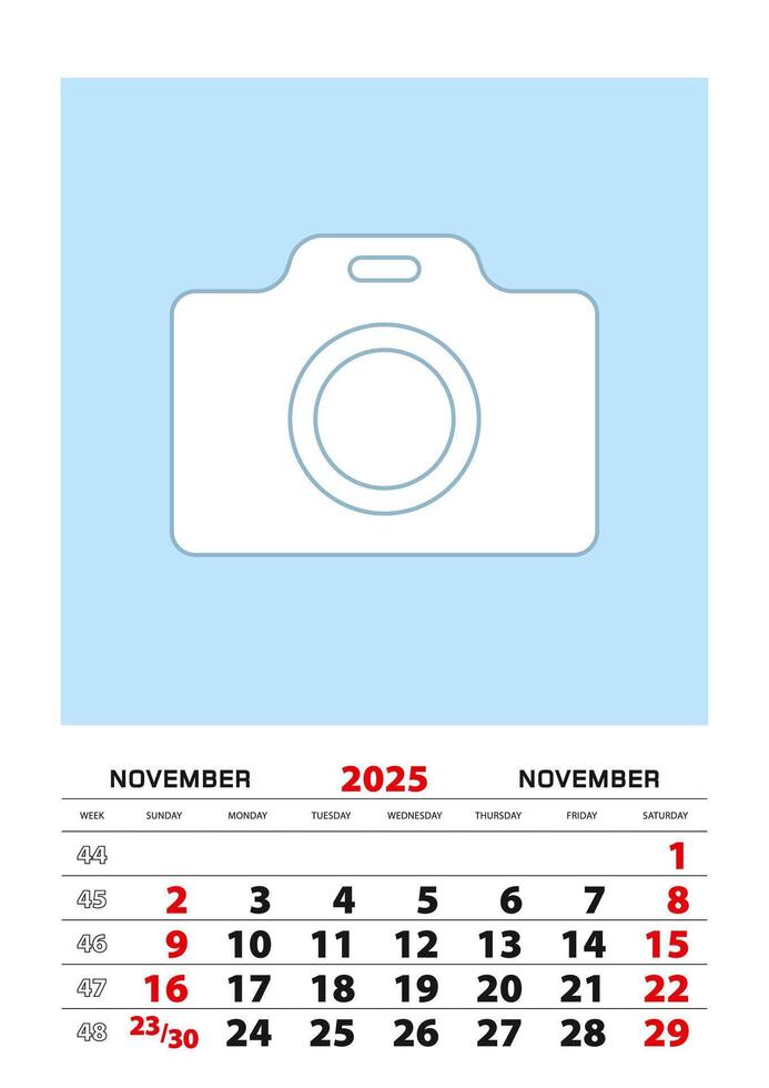 November 2025 calendar planner A3 size with place for your photo. vector