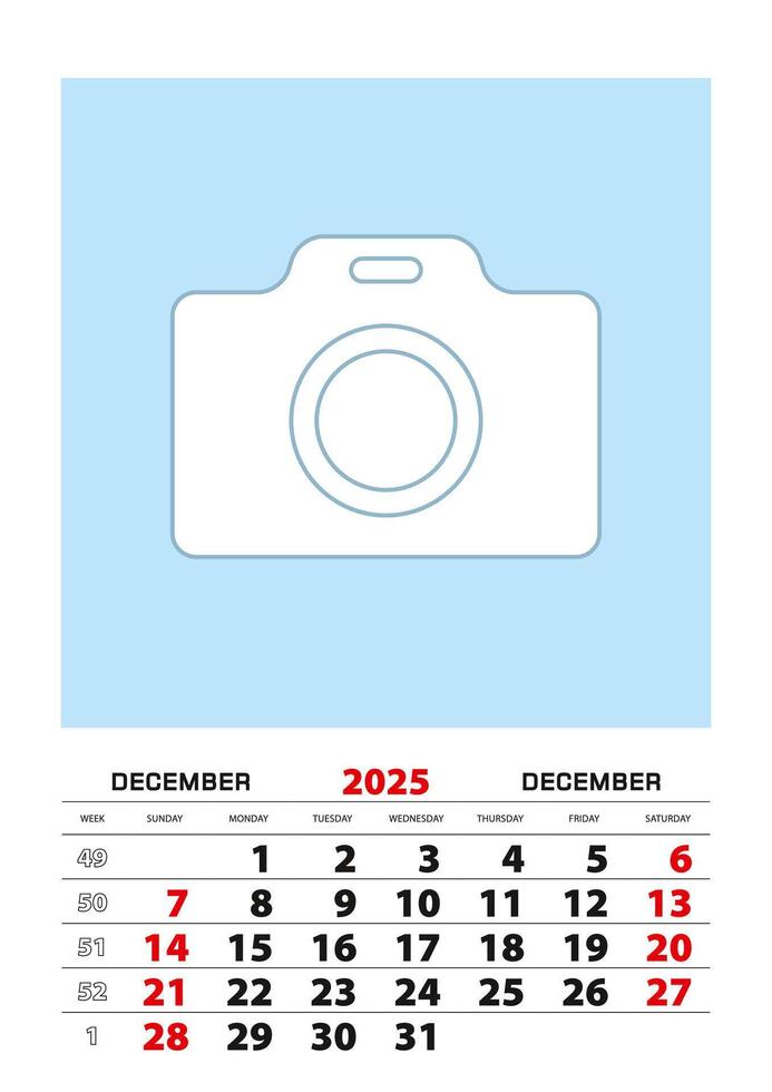 December 2025 calendar planner A3 size with place for your photo. vector