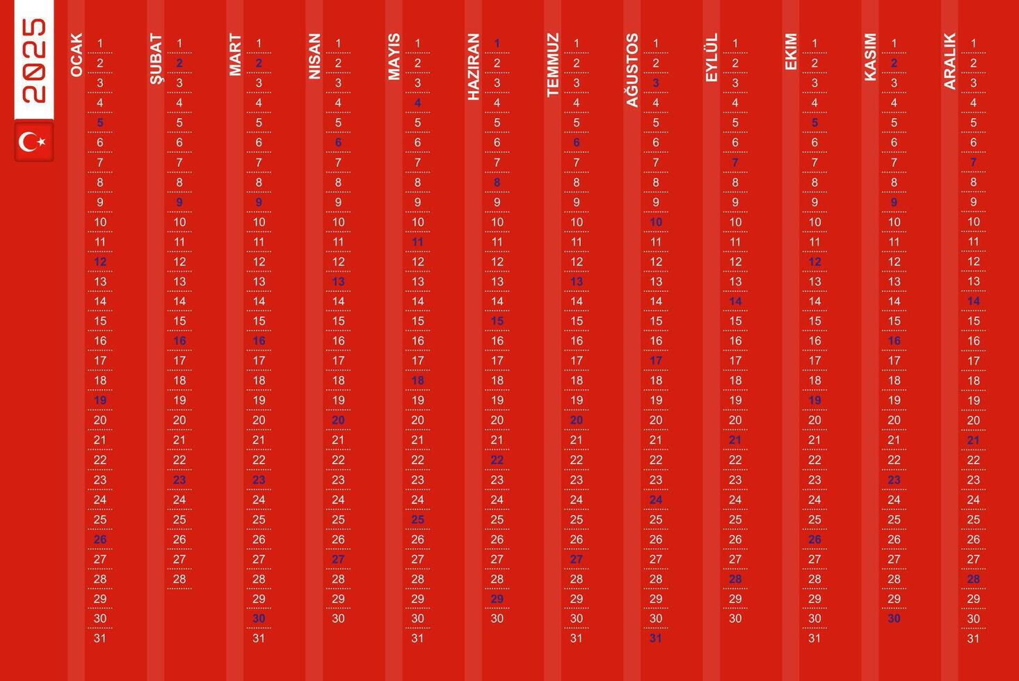 One-row vertical calendar for the year 2025 in Turkish. Turkish calendar for 2025 with highlighted Sundays. vector