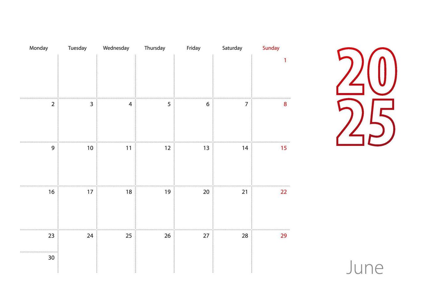 Calendar for June 2025 in modern design, planner template. vector
