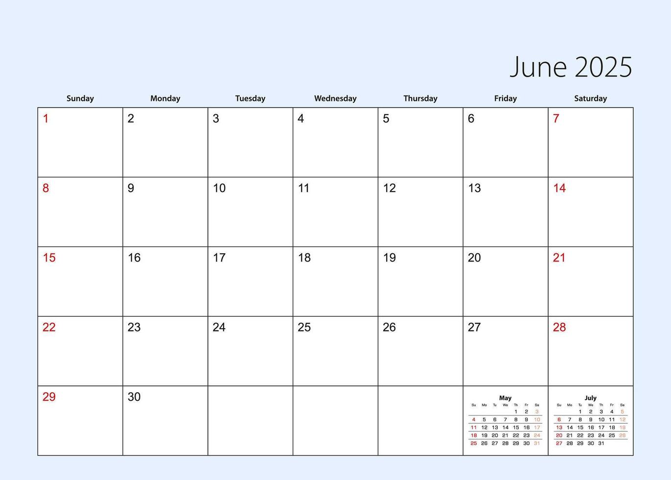 Wall calendar planner for June 2025. English language, week starts from Sunday. vector