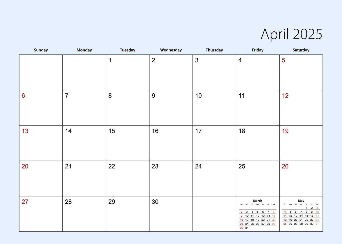 Wall calendar planner for April 2025. English language, week starts from Sunday. vector
