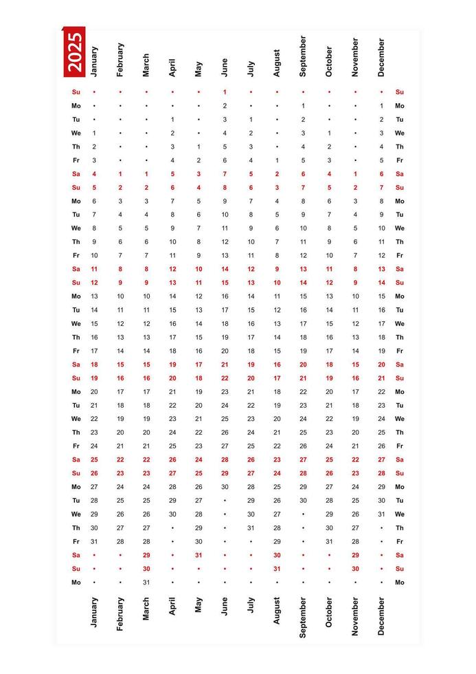 One row vertical calendar 2025, sunday first day of the week. 54220842