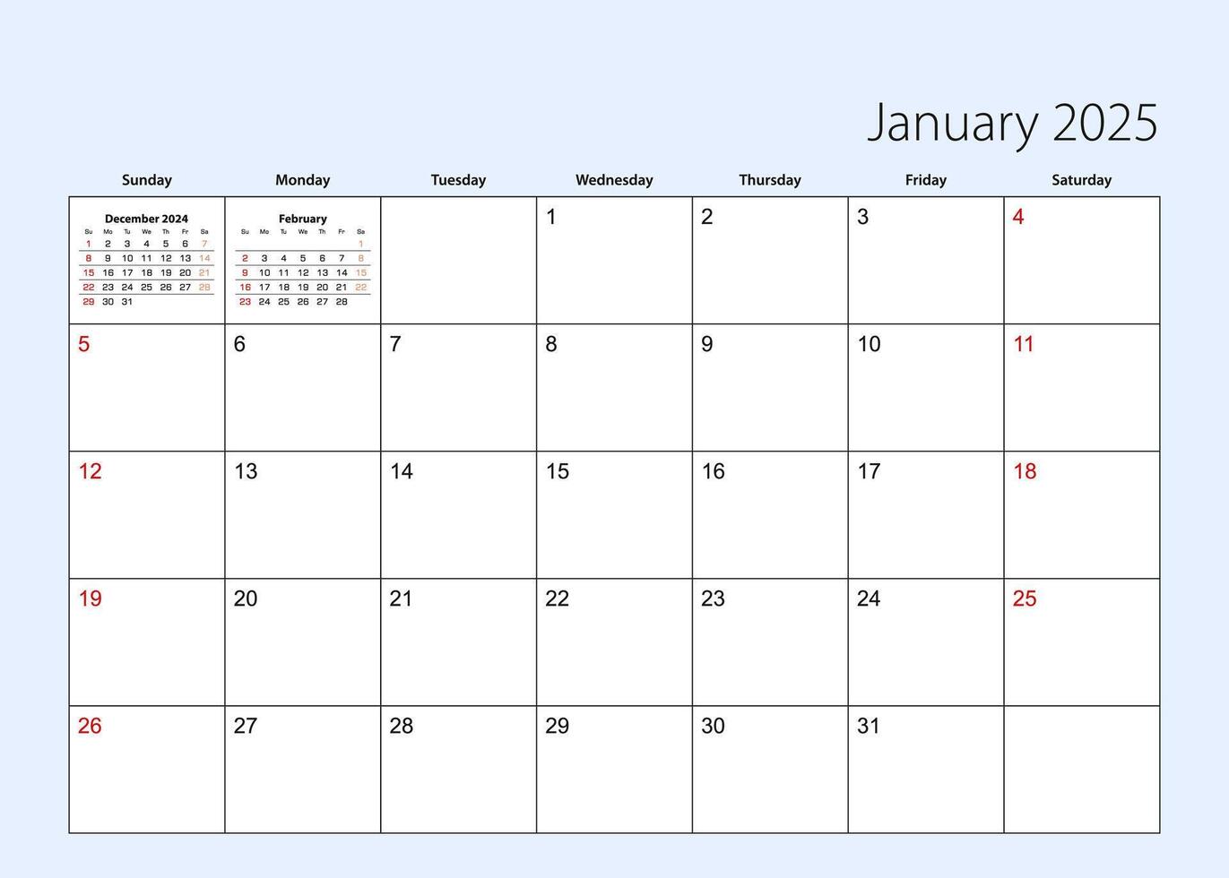 Wall calendar planner for January 2025. English language, week starts from Sunday. vector