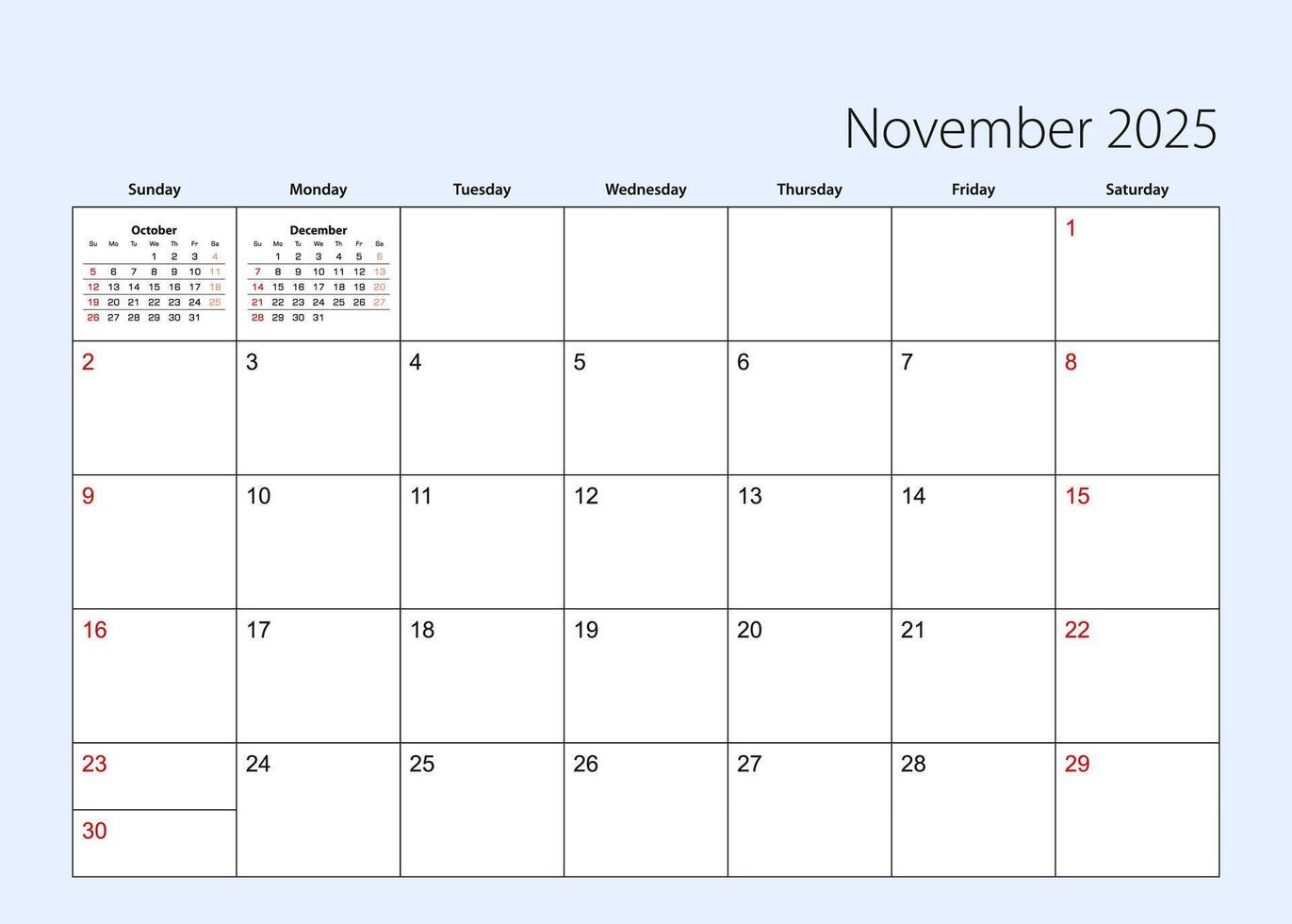 Wall calendar planner for November 2025. English language, week starts from Sunday. vector