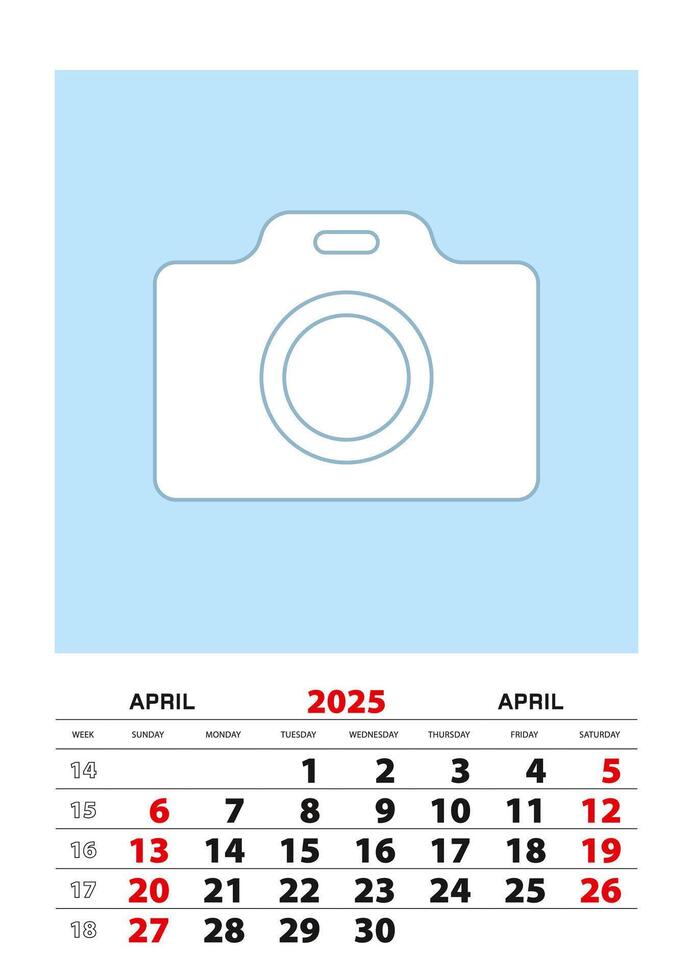 April 2025 calendar planner A3 size with place for your photo. vector