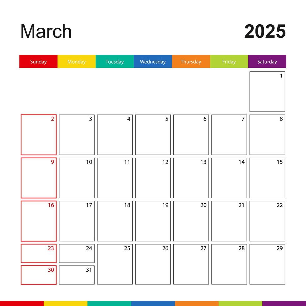 March 2025 colorful wall calendar, week starts on Sunday. vector