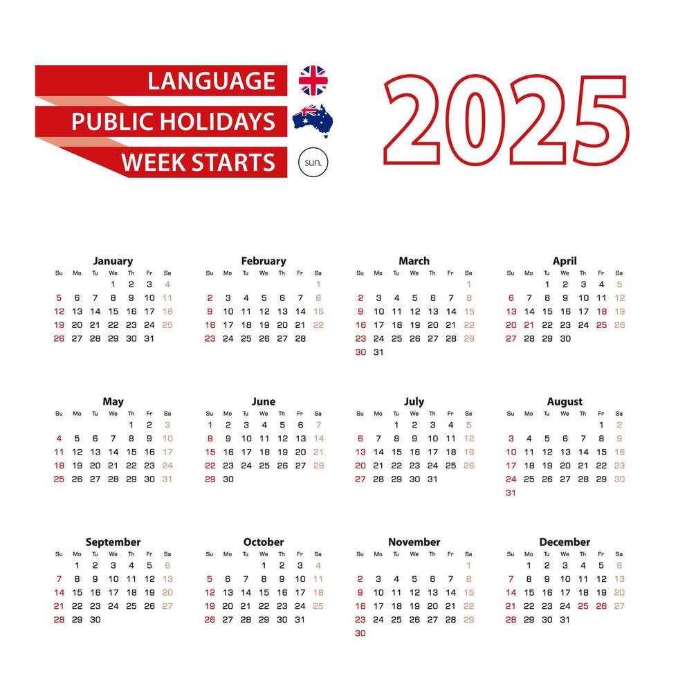 Calendar 2025 in English language with public holidays the country of