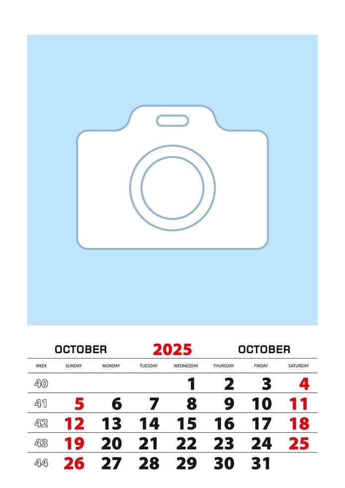 October 2025 calendar planner A3 size with place for your photo. vector