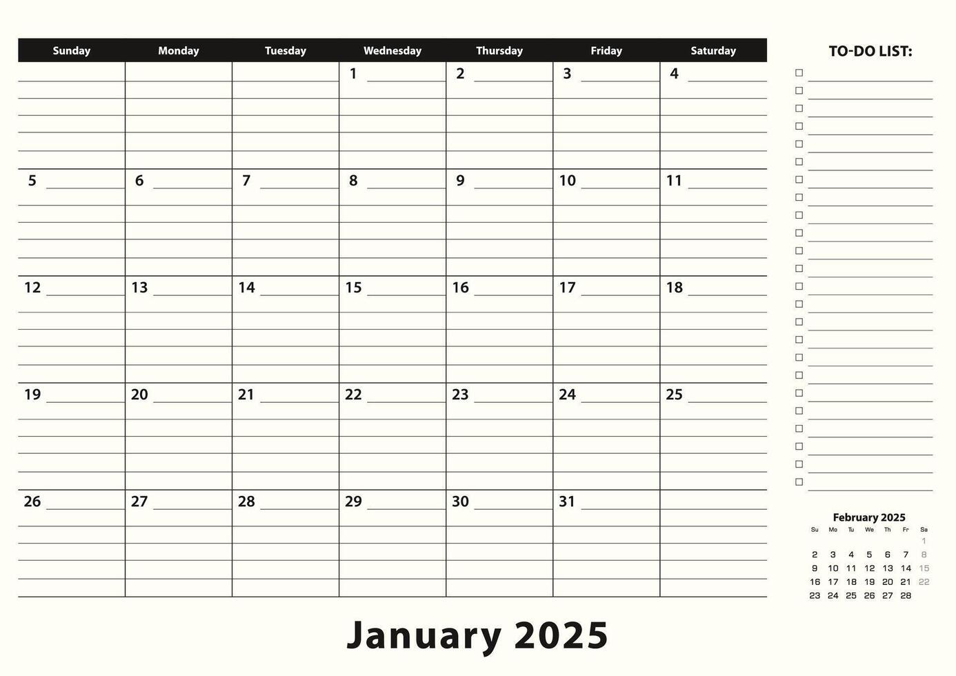 January 2025 Monthly Business Desk Pad Calendar. vector
