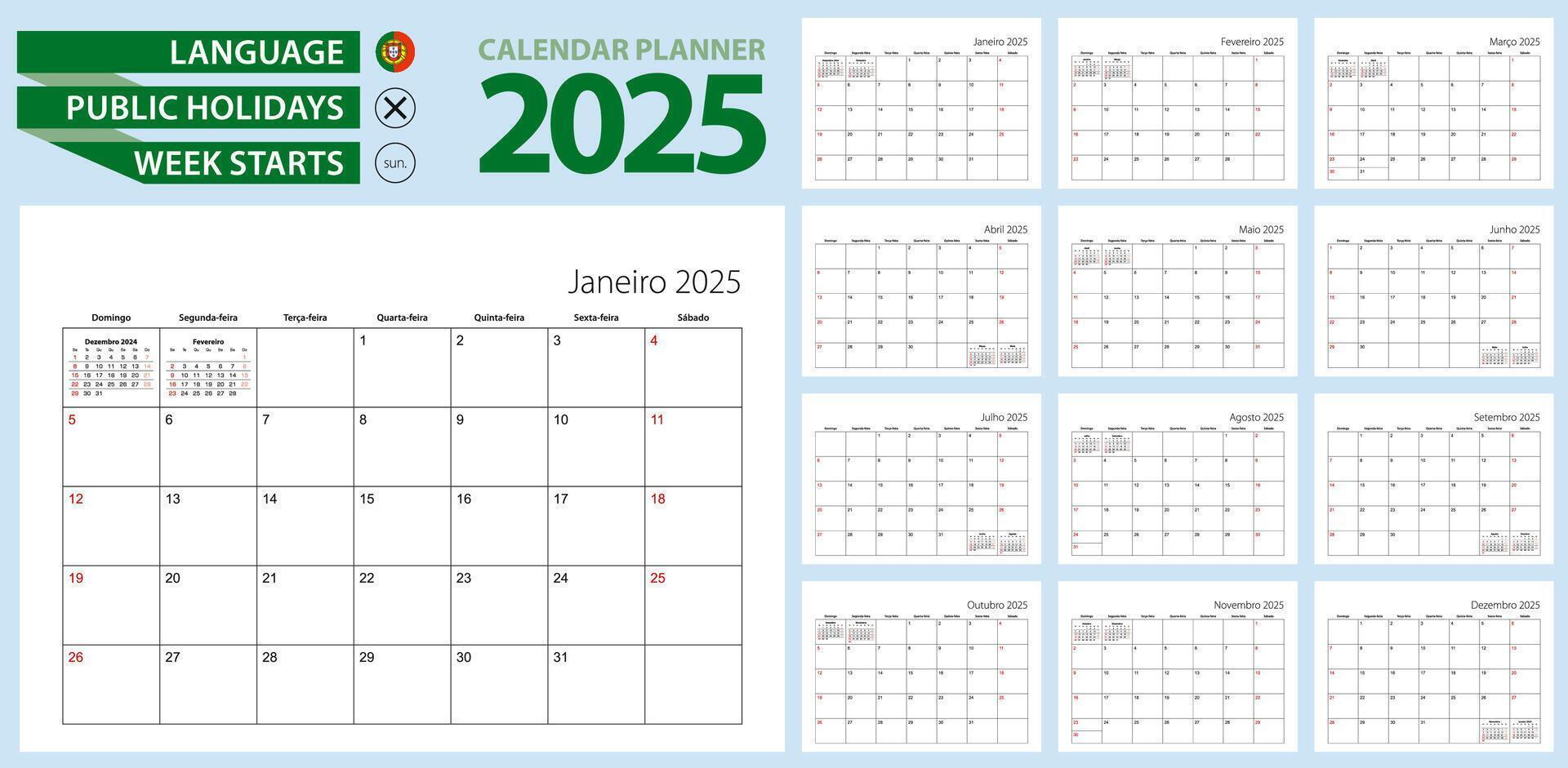 Portuguese calendar planner for 2025. Portuguese language, week starts from Sunday. vector