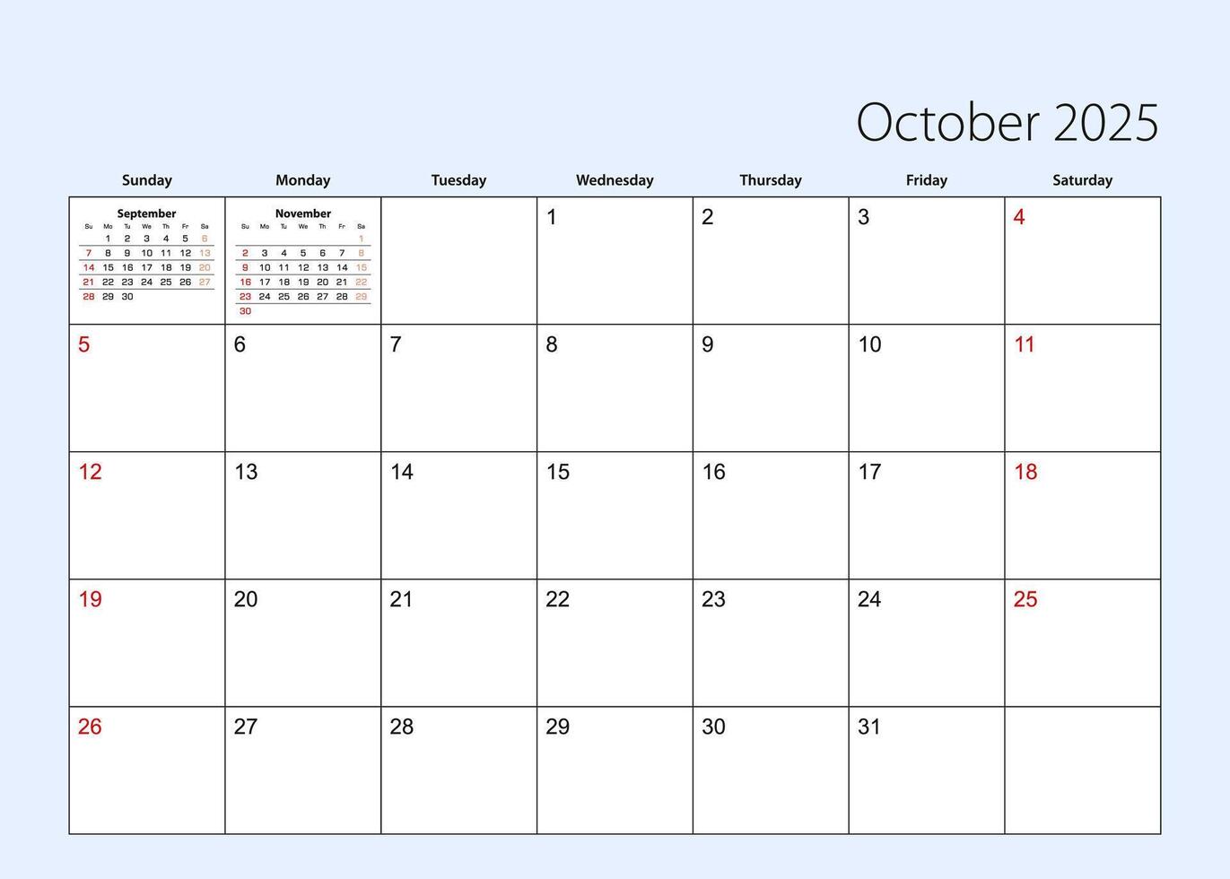 Wall calendar planner for October 2025. English language, week starts from Sunday. vector