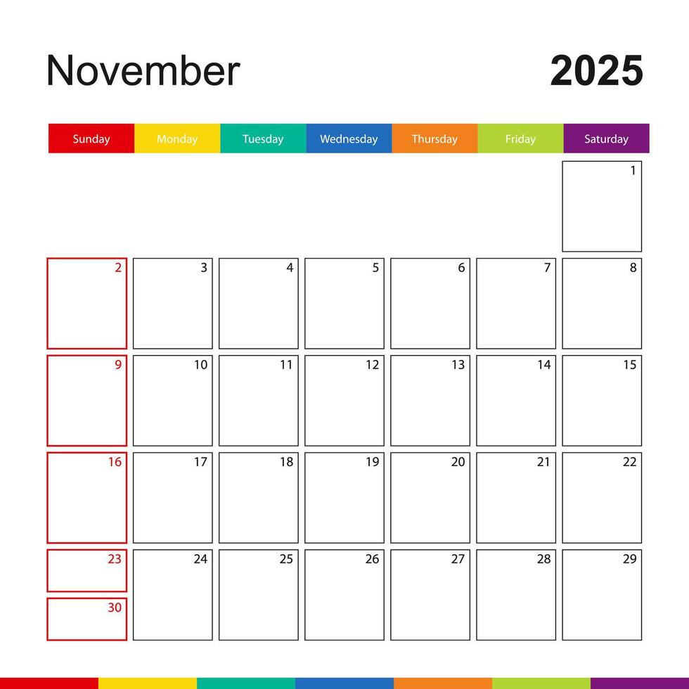 November 2025 colorful wall calendar, week starts on Sunday. vector