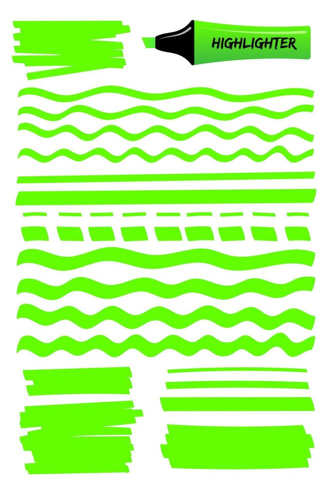 Hand drawn highlighter brush graphic set. Bright green hand drawings with solid lines, wavy strokes, dashed stripes and highlight marker sketchy boxes. illustration for school style notes vector