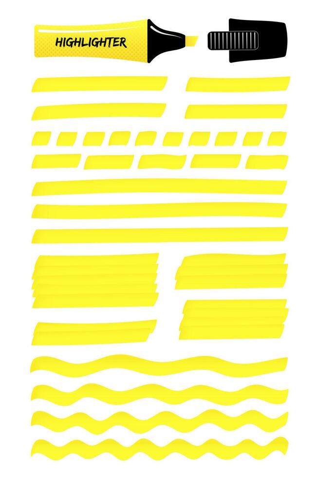 Hand drawn highlighter brush graphic set. Yellow layered scribbled rectangle with wavy lines, solid stripes hand drawings with highlight permanent marker. illustration for business presentation vector