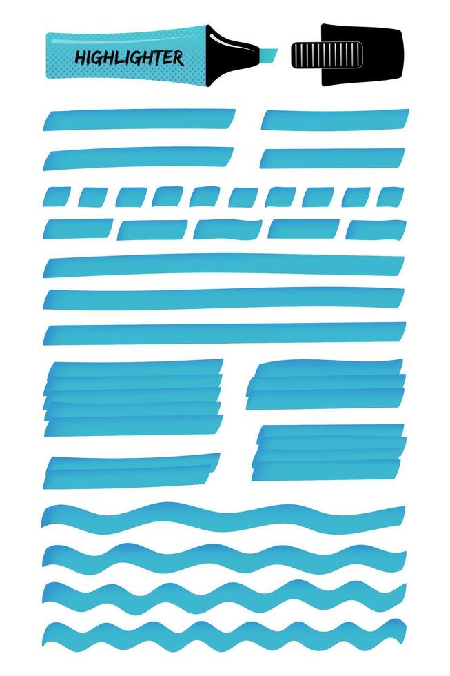 Highlighter permanent pen blue hand drawn objects set. Highlight marker solid stripes, dashed or dotted lines, wavy strokes and sketchy rectangle hand drawing. illustration for text memo design vector