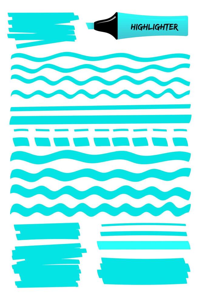 Highlighter permanent pen color hand drawn objects set. Flat blue illustration with scribbled rectangle, wavy lines, solid stripes and sketchy dashed or dotted strokes highlight hand drawings vector
