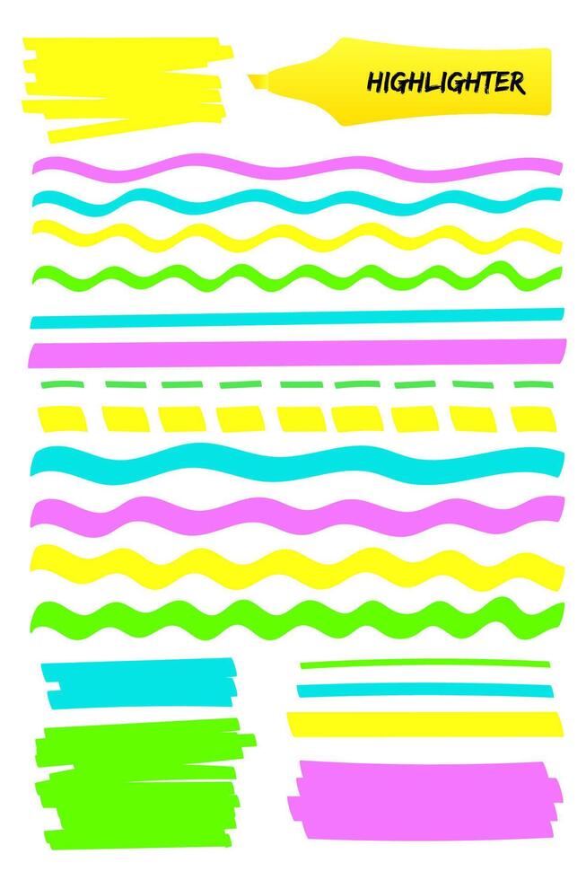 Set of highlighter brush pen hand drawn elements. Colorful highlight marker solid stripes, dashed or dotted lines, wavy strokes and sketchy rectangle hand drawings. illustration for memo note. vector