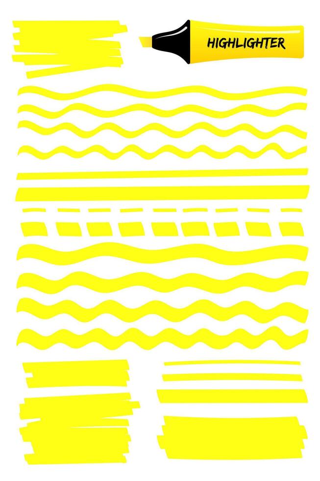 Set of highlighter brush hand drawn elements. Yellow scribbled box with wavy lines, solid stripes and sketchy dashed strokes hand drawings with highlight marker. illustration text memo design. vector