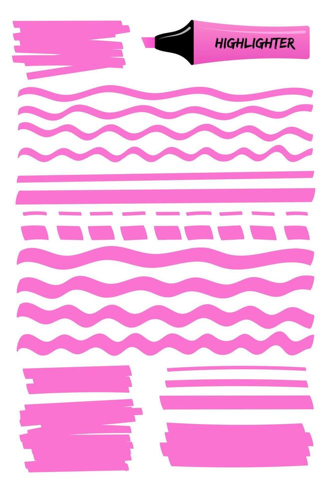 Pink hand drawn highlighter brush graphic set. Flat scribbled box with wavy lines, solid stripes and dotted strokes hand drawings with highlight permanent pen. illustration for reminder note. vector