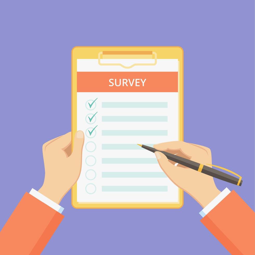 Survey form on clipboard with hands illustration. Customer feedback list with checklist on board with paper clip. Flat man hands holding pen and clipboard with survey list on violet background. vector
