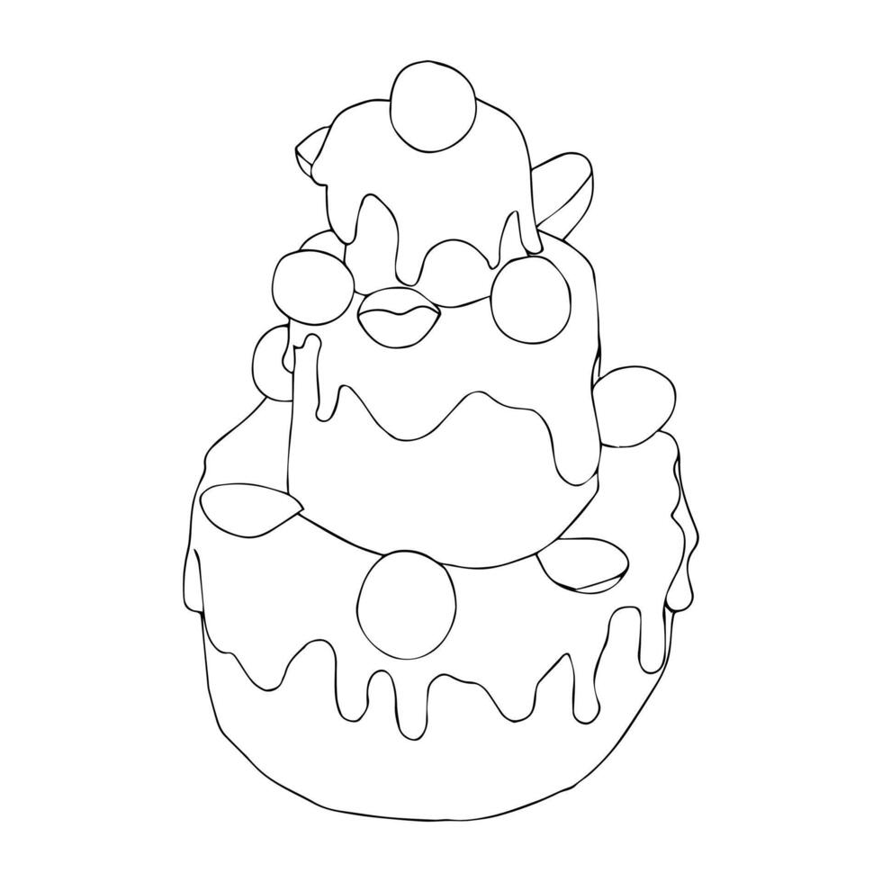 Three-tier cake decorated with chocolate candies, sprinkles, and almonds. illustration in doodle style isolated on white background. vector