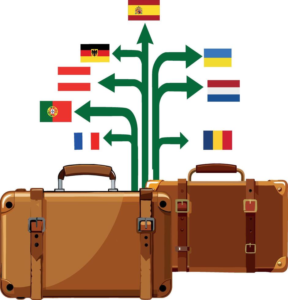 Delivery van and multiple destination flags representing international shipping vector