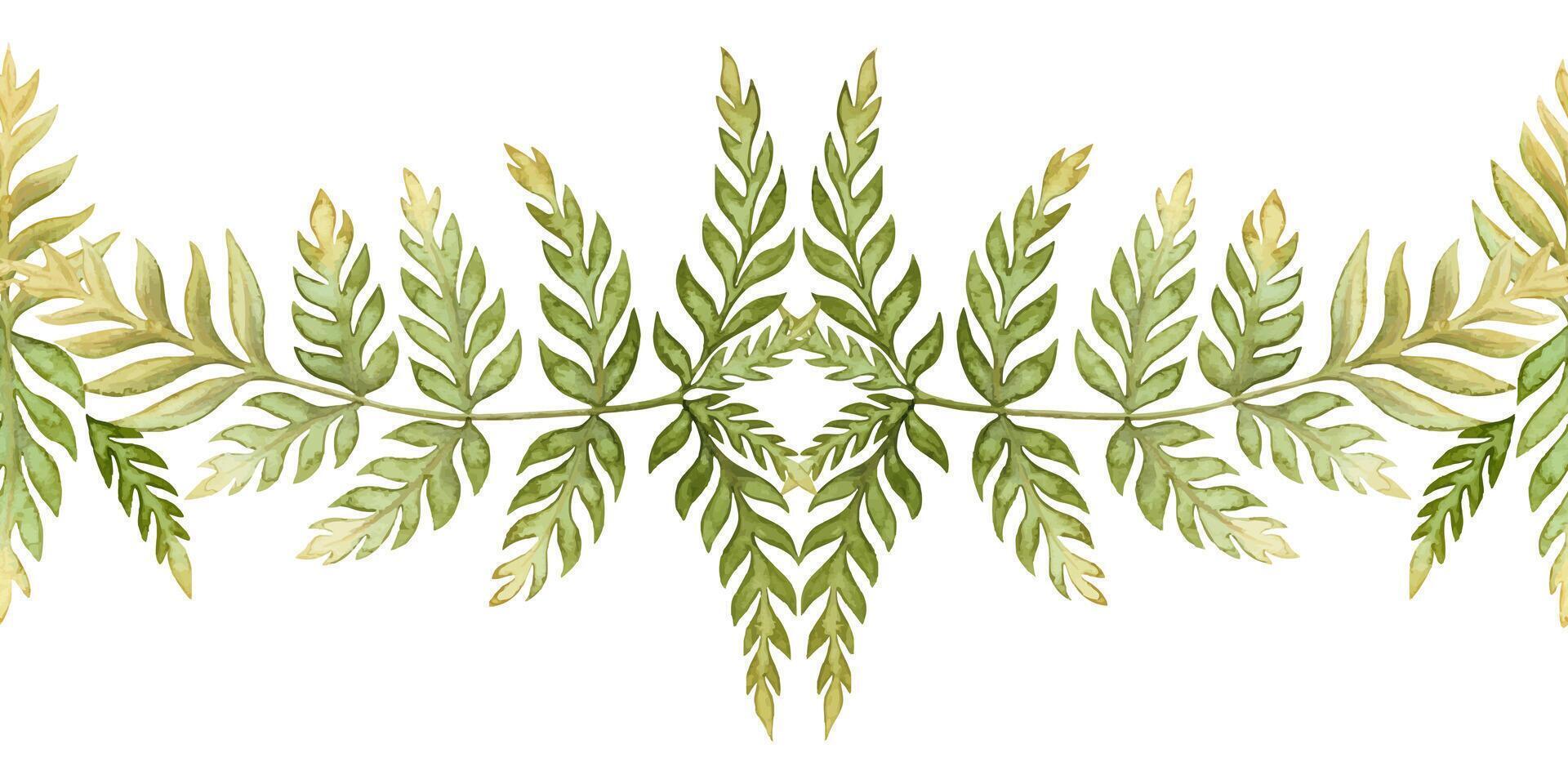 Fern leaves elegant seamless border in the earth green tone. Hand drawn watercolor botanical element with textured foliage. Perfect for the use of ecological material and sustainable designs. vector