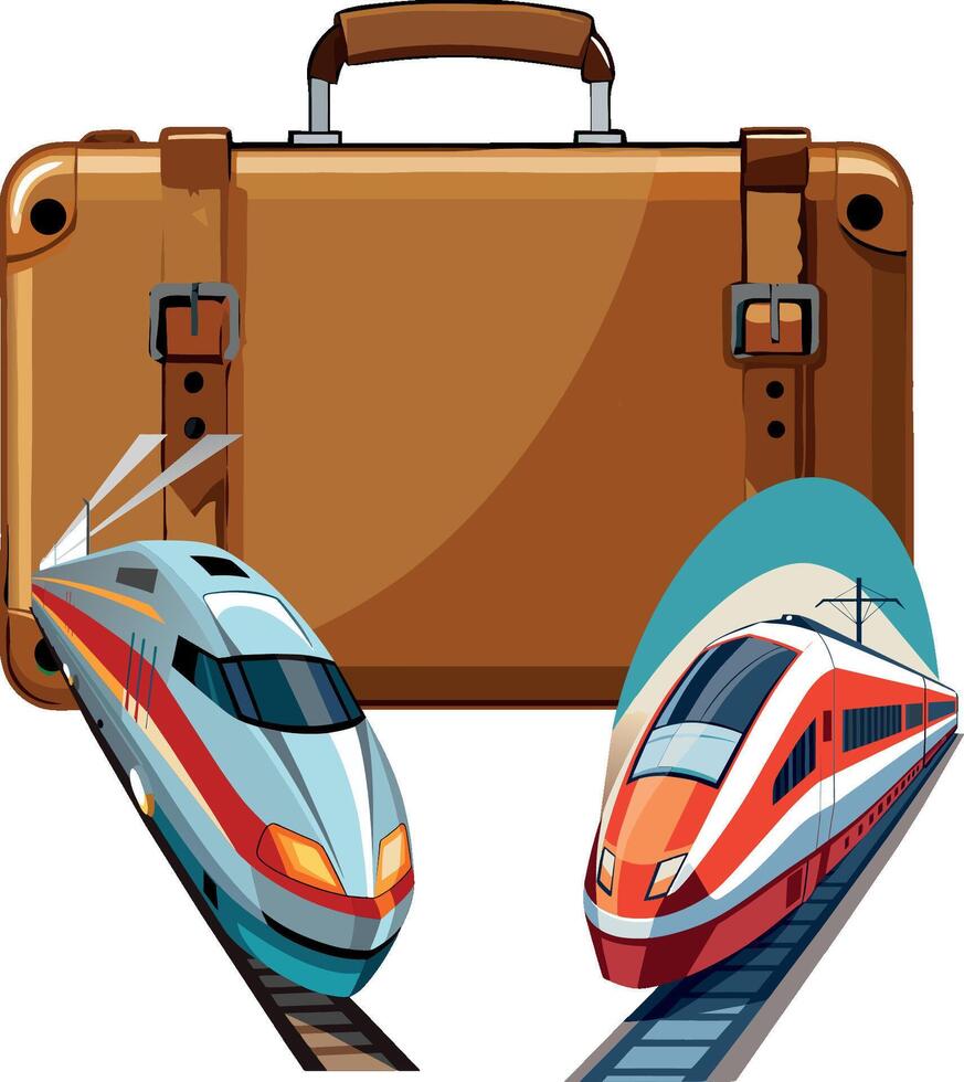 A suitcase and a train on the tracks vector