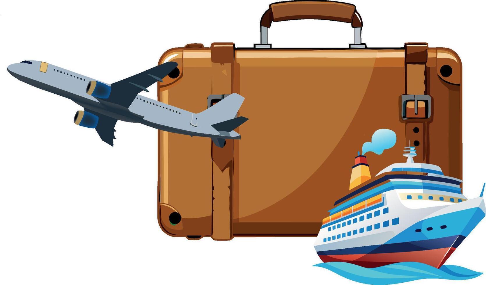 A suitcase and a plane are next to a cruise ship vector