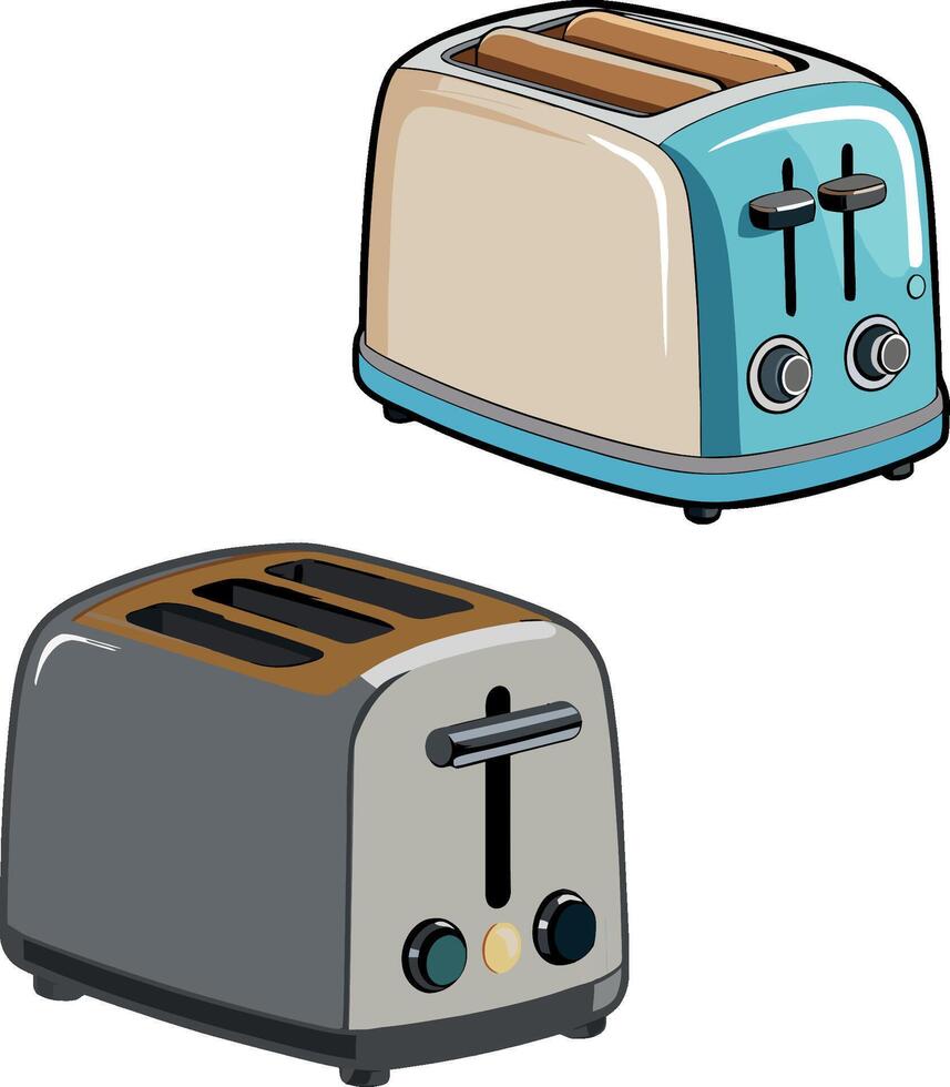 Two colorful toasters ready to make crunchy toast for breakfast vector
