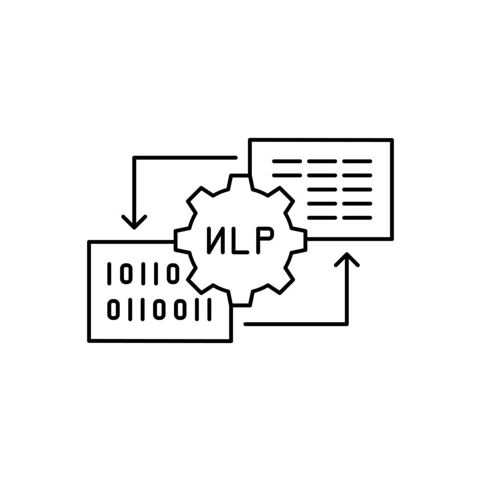 AI in NLP line icon design. Implementation AI in Natural Language Processing . NLP process with gear and letter element line design vector
