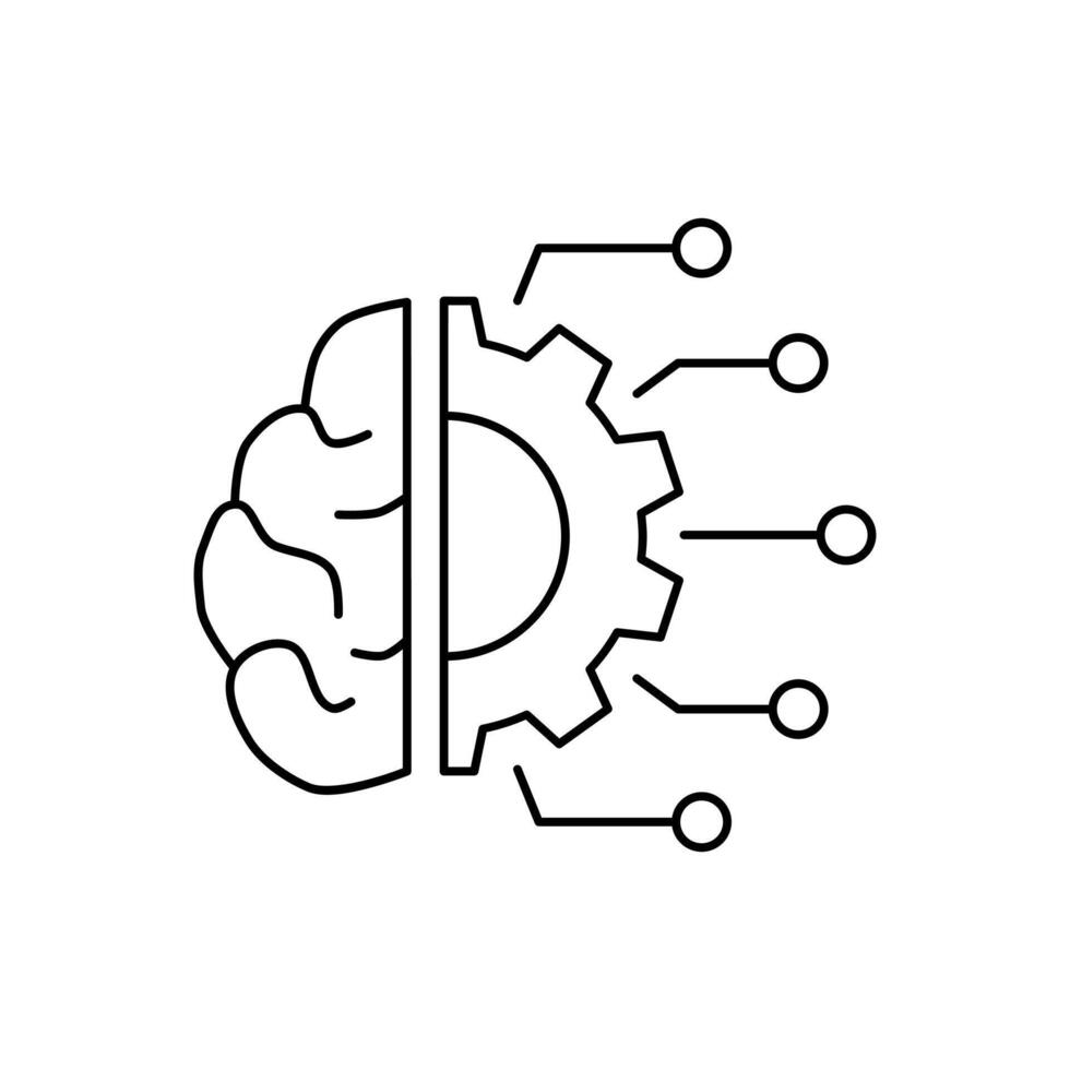 AI in machine learning line icon design. Implementation AI in machine learning. Brain with gear and circuit line design vector