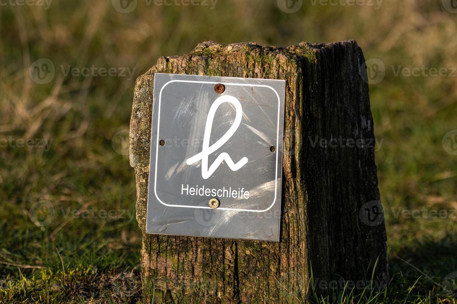 A sign on a wooden post photo