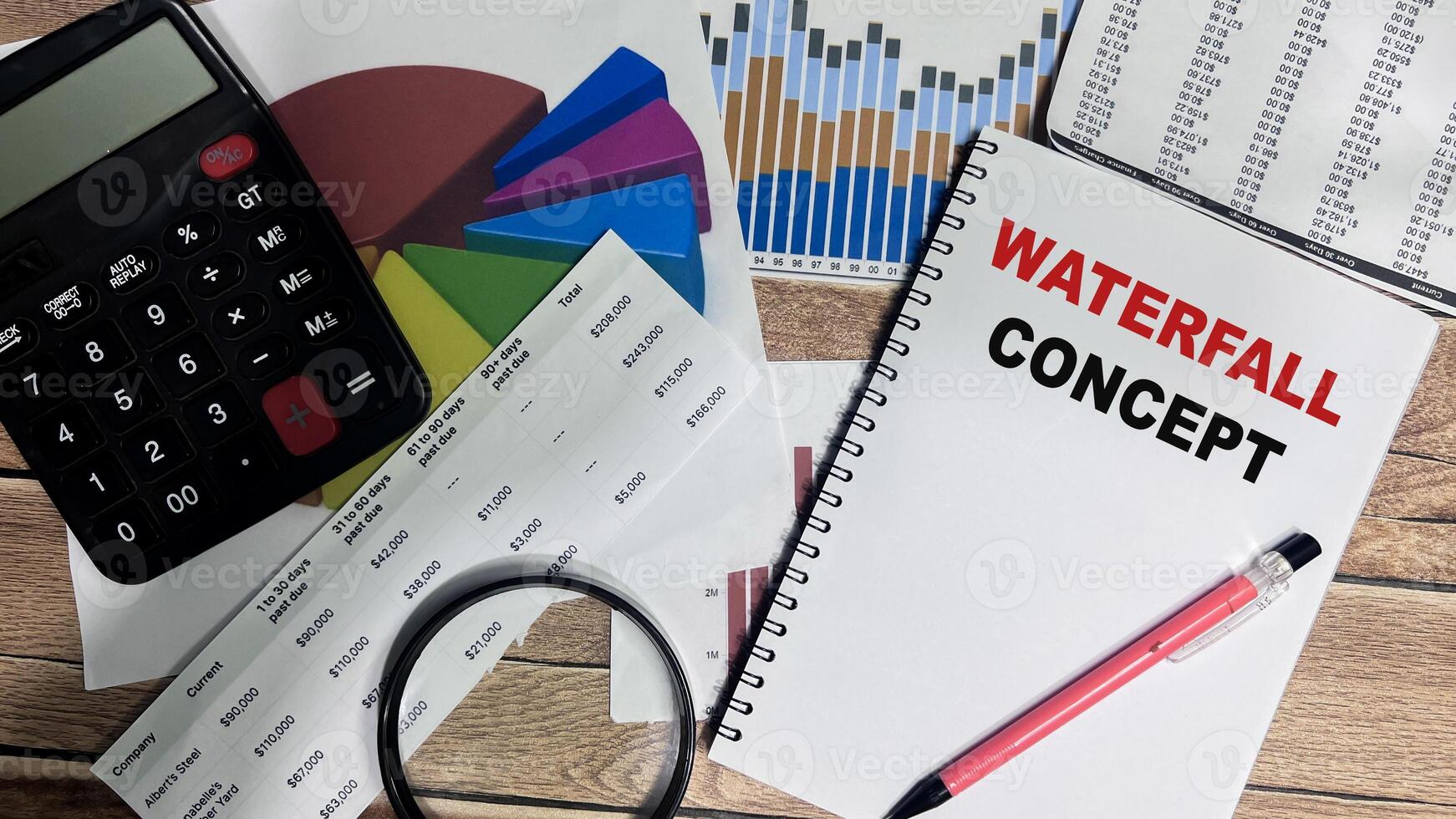 Concept of Waterfall Concept write on book isolated on Wooden Table. photo