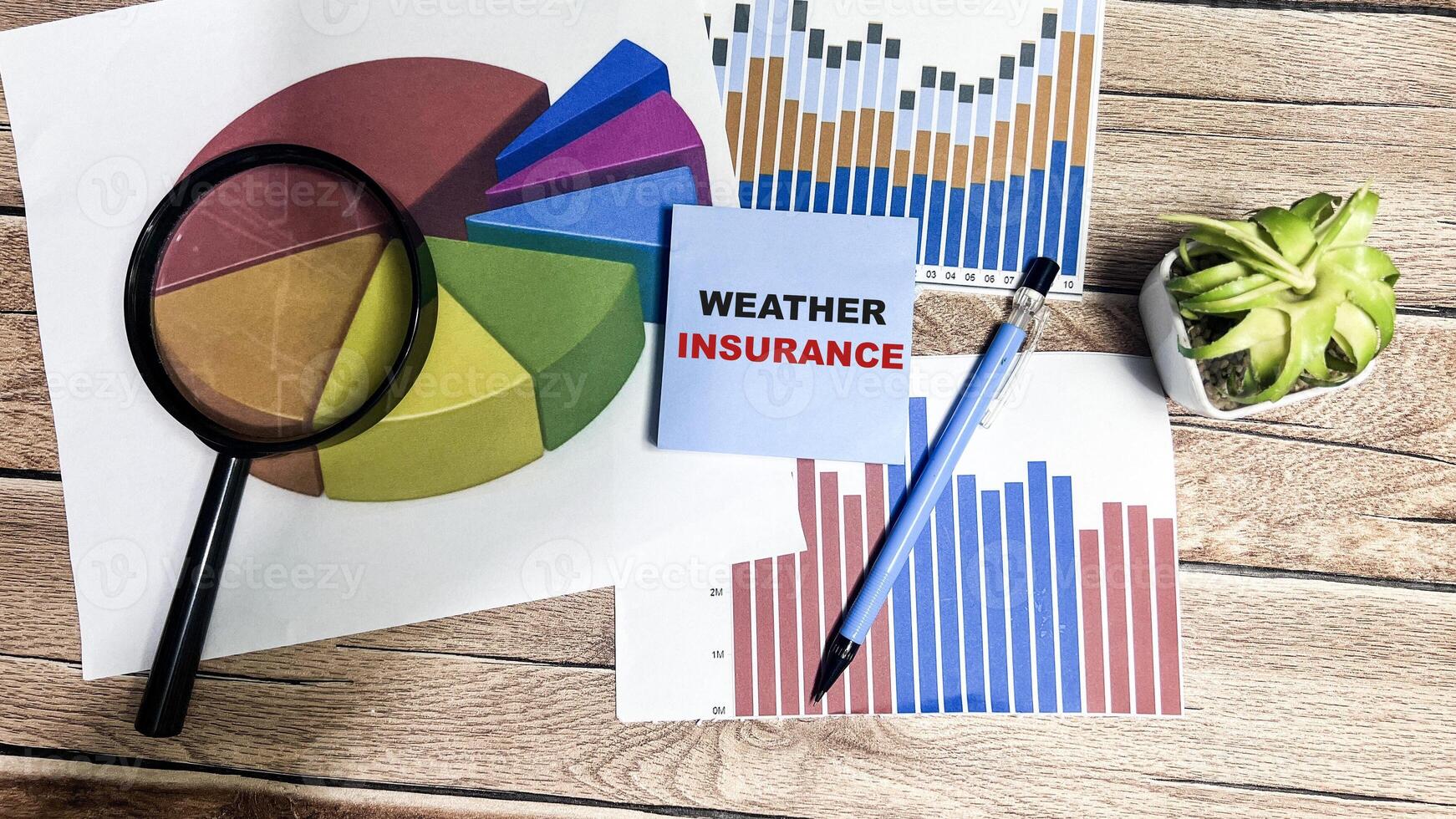 Concept of Weather Insurance write on sticky notes isolated on Wooden Table. photo