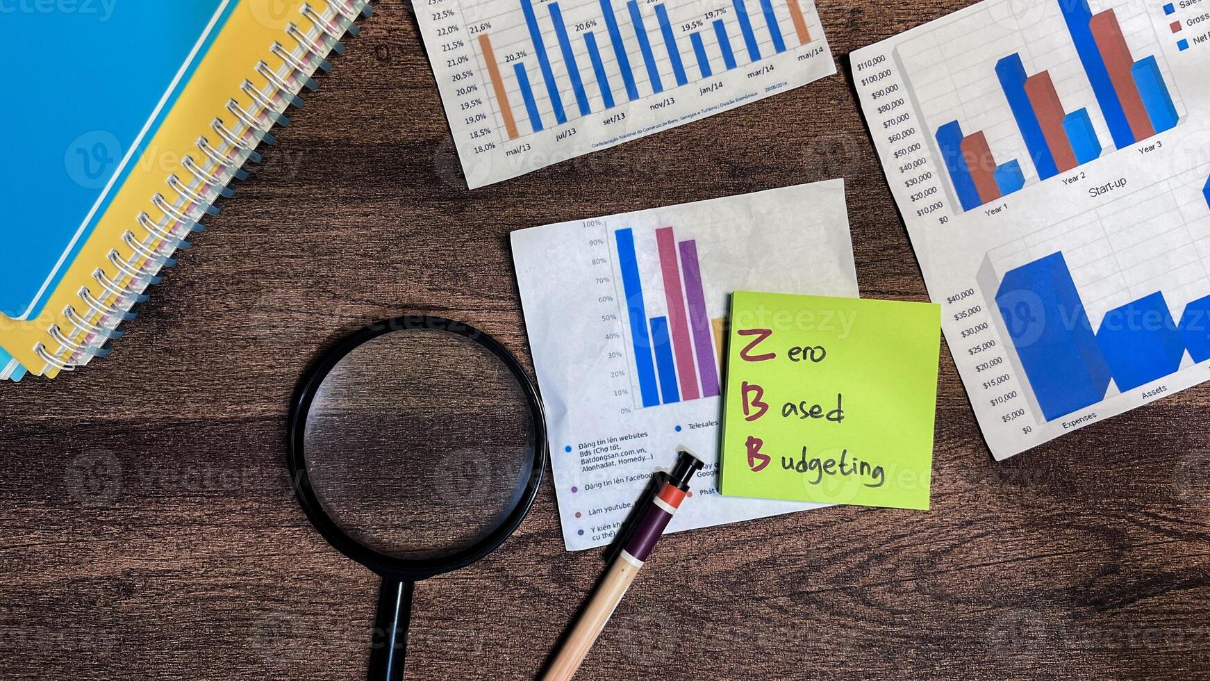 Concept of ZBB - Zero Based Budgeting write on sticky notes isolated on Wooden Table. photo