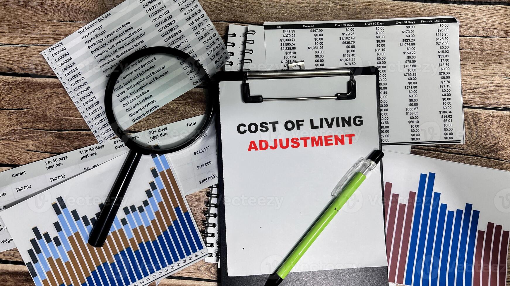 Concept of Cost of Living Adjustment write on paperwork isolated on Wooden Table. photo